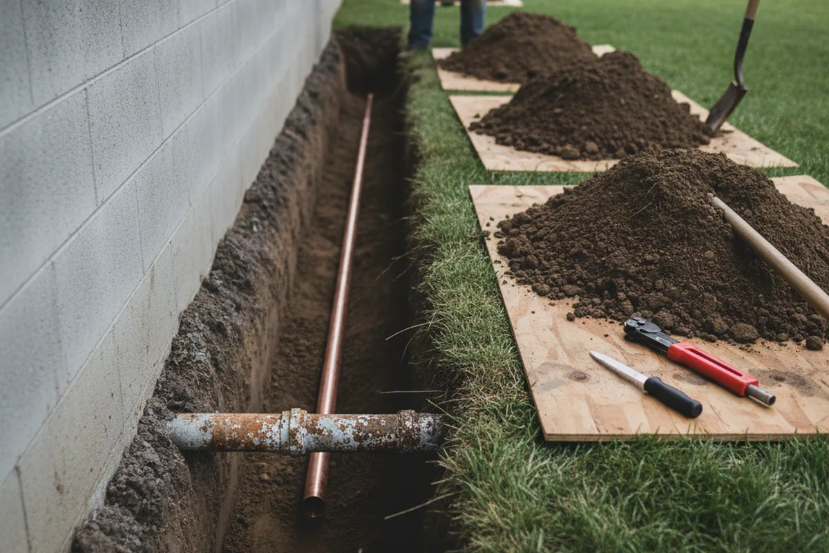 Excavated water line trench during Water Softener Installation in Justin